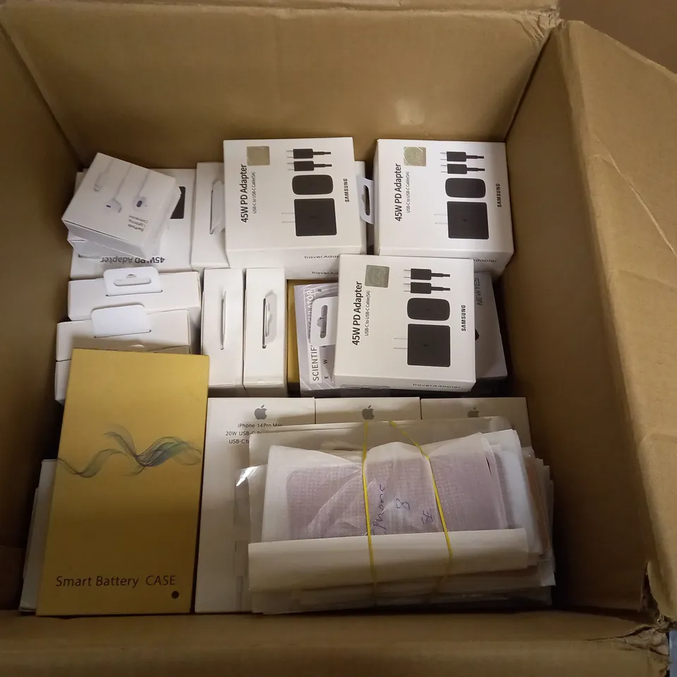 BOXED LOT OF APPROX. 37 POWER ADAPTORS, PHONE CASES AND EAR PODS FOR SAMSUNG AND IPHONE