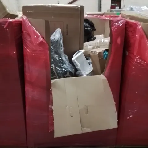 PALLET OF ASSORTED HOUSEHOLD ITEMS AND CONSUMER PRODUCTS TO INCLUDE; STROLLER, BABY PLAYPEN, BOXED FURNITURE ETC 