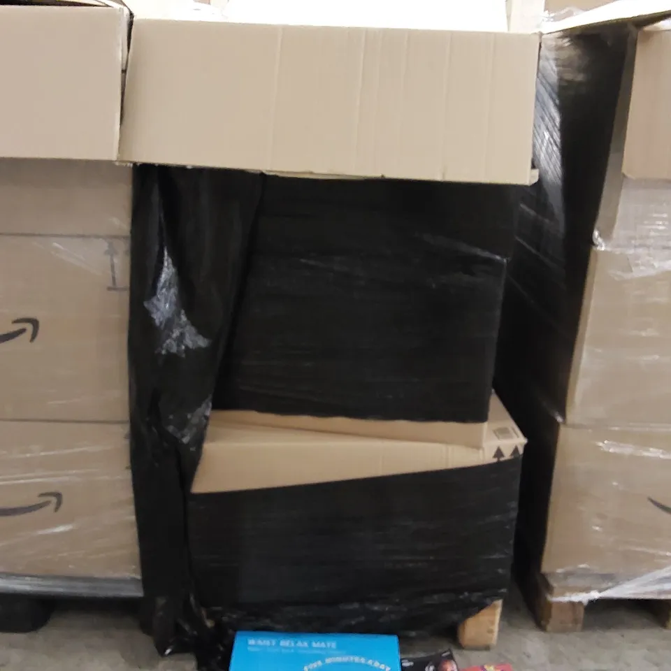 PALLET OF ASSORTED ITEMS INCLUDING: BACK STRETCHER, BOOKS, HALLOWEEN DECORATIONS, GLASS PHONE SCREEN PROTECTOR, BIRTHDAY PARTY SUPPLIES, FAIRY LIGHTS