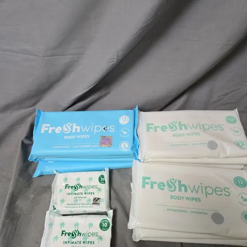 LOT OF APPROXIMATELY 13 PACKS OF FRESHWIPES FEMININE WIPES - SCENTED AND UNSCENTED - 2 X INTIMATE WIPES 10 PER PACK AND 11 X BODY WIPES 12 WIPES PER PACK