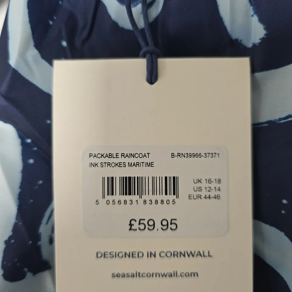 SEASALT CORNWALL PACKABLE WATERPROOF RAINCOAT – WOMEN'S UK 16-18, INK STROKES MARITIME