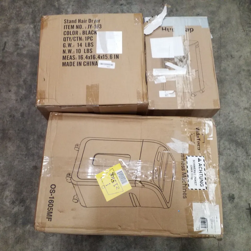 PALLET OF ASSORTED PRODUCTS INCLUDING STAND HAIR DRYER, DEHUMIDIFIER, MICRO CUT PAPER SHREDDER