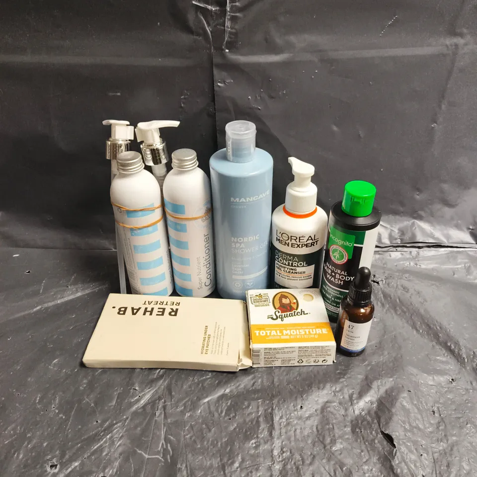 APPROXIMATEY 20 ASSORTED HEALTH AND BEAUTY PRODUCTS TO INCLUDE - DR SQUATCH SOAP - 47 SKIN TREATMENT SERUM - MANCAVE SHOWER GEL - ETC