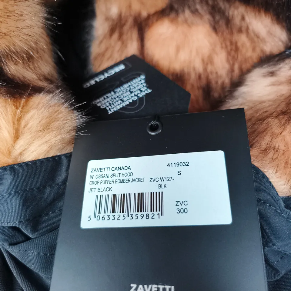 ZAVETTI CANADA CROPPED PUFFER JACKET – JET BLACK, SPLIT HOOD, FUR-LINED (SIZE S)