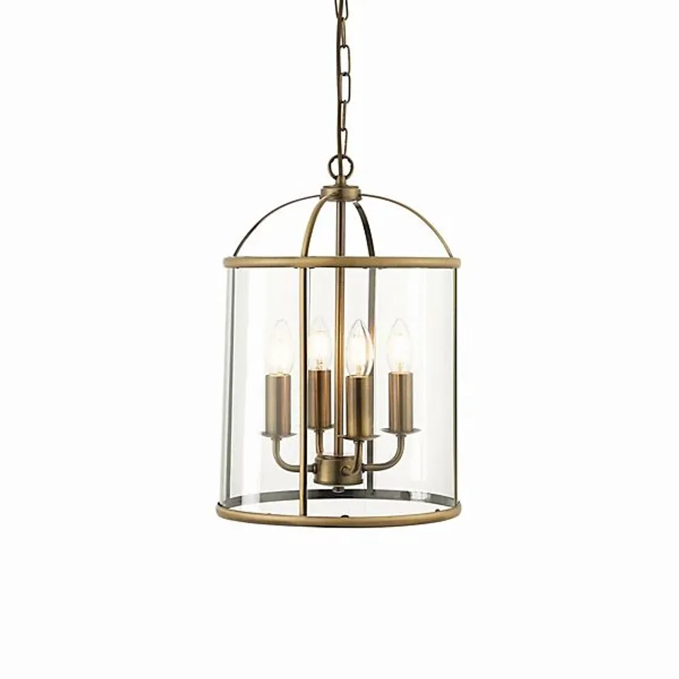 BOXED LUMINOSA LAMBETH 4 LIGHT CEILING PENDANT ANTIQUE BRASS, GLASS, E14