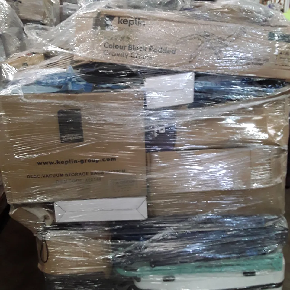 PALLET OF ASSORTED HOUSEHOLD GOODS AND PRODUCTS TO INCLUDES:VACUUM STORAGE BAGS,WALLPAPER ROLLS,SUITCASES