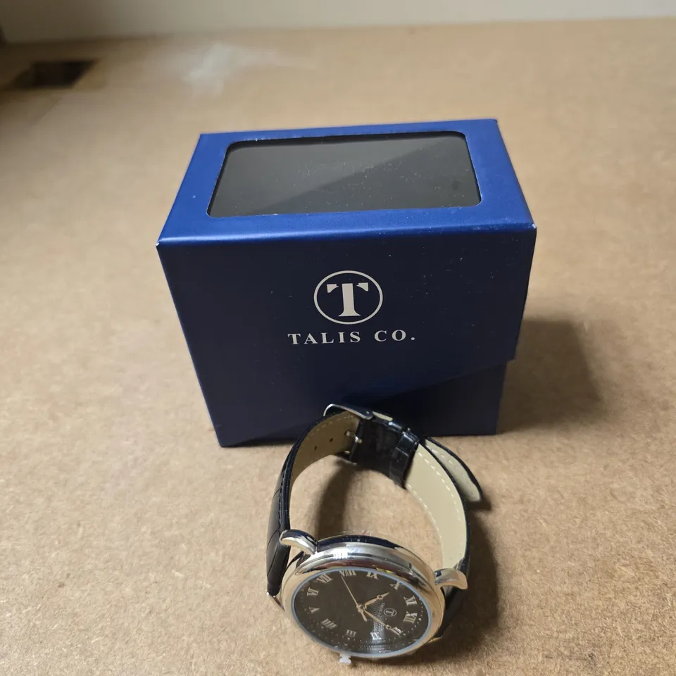 TALIS CO. WRISTWATCH – BLACK DIAL, BLACK LEATHER STRAP, IN BLUE PRESENTATION BOX
