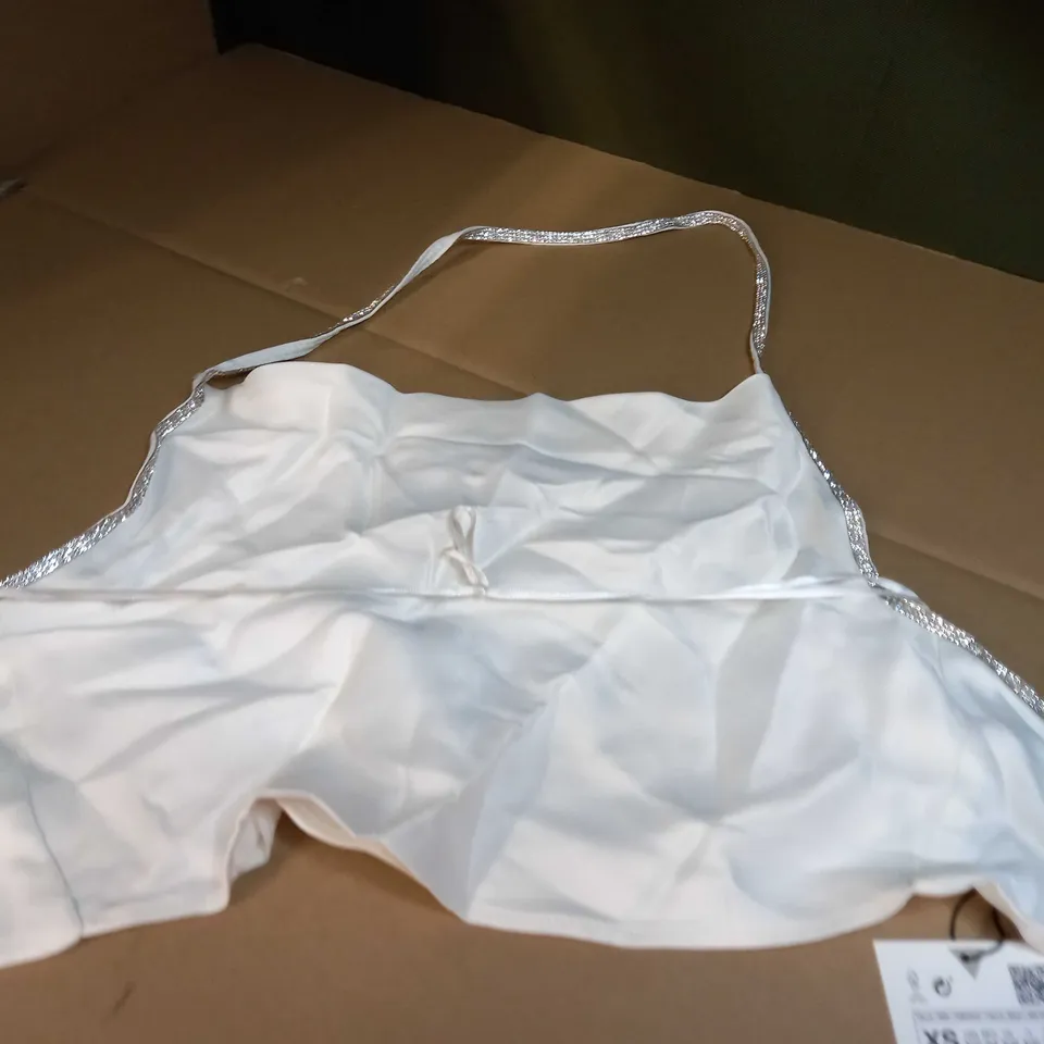 ZARA WHITE/GEM DETAILED HALTER NECK SATIN TIE BACK STATEMENT TOP - XS