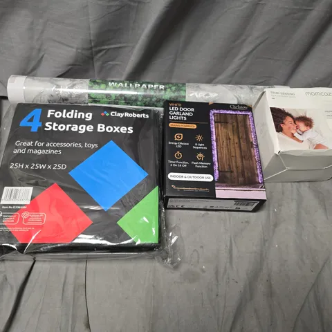 APPROXIMATELY 20 ASSORTED HOUSEHOLD PRODUCTS TO INCLUDE WALLPAPER, MOMCRAZY MILK STORAGE BAGS, LED DOOR GARLAND LIGHTS, ETC - COLLECTION ONLY