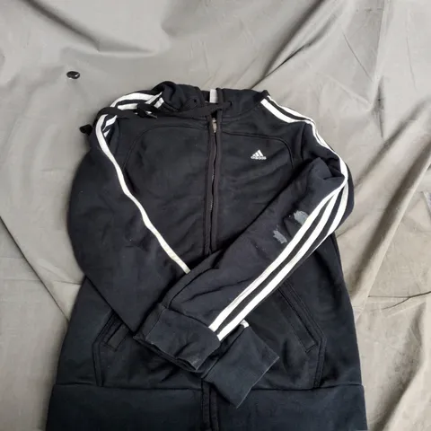 ADIDAS ZIP-UP HOODIE – BLACK WITH WHITE STRIPE SLEEVES SIZE 8-10