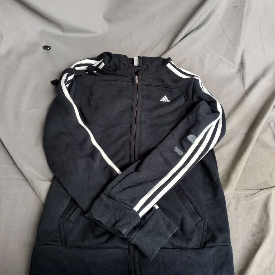 ADIDAS ZIP-UP HOODIE – BLACK WITH WHITE STRIPE SLEEVES SIZE 8-10