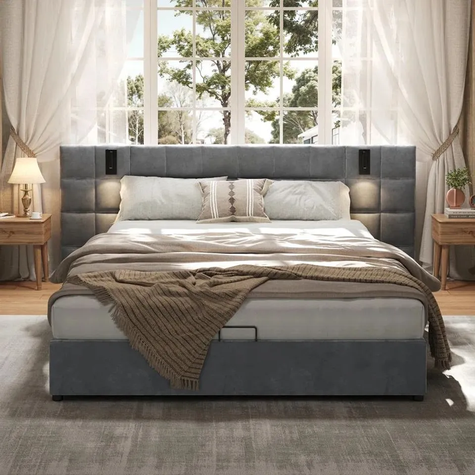 BOXED PLATFORM BED FRAME WITH WIDE HEADBOARD, READING LAMP AND USB PORT - 5' KING SIZE, GREY (2 BOXES)