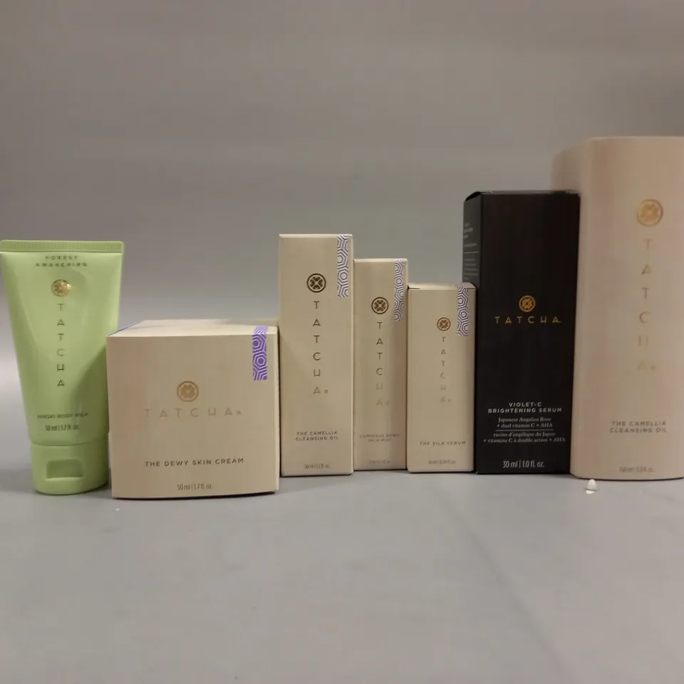 TATCHA ASSORTED SKINCARE PRODUCTS TO INCLUDE CLEANSING OIL, SILK SERUM, AND SKIN CREAM ETC. 