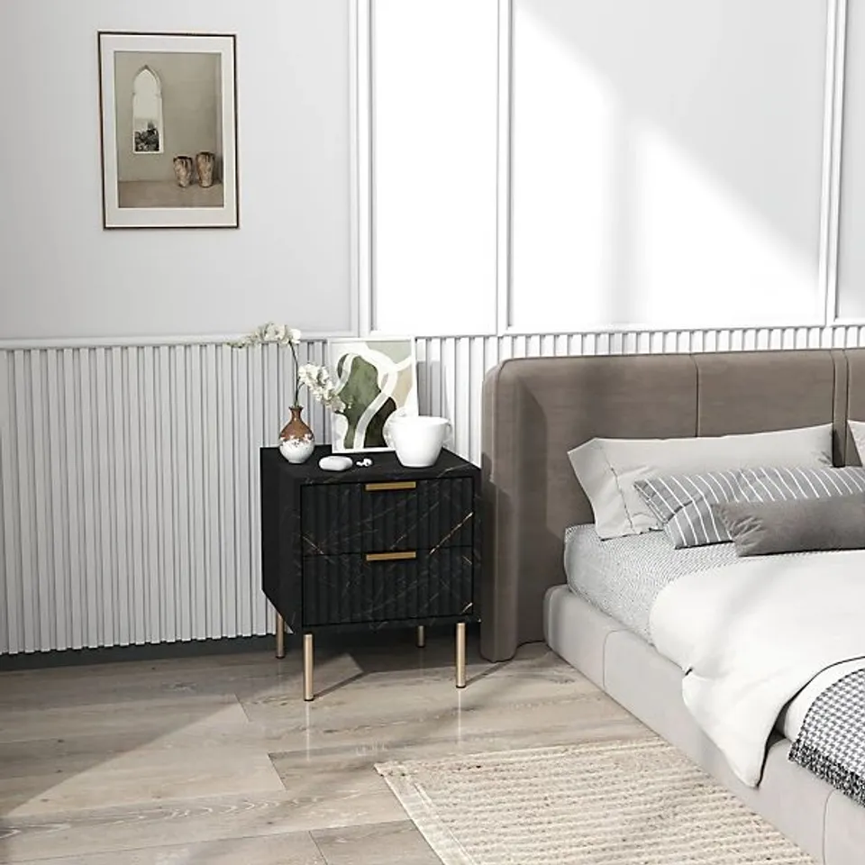 BOXED HOMCOM ELEGANT TWO-DRAWER BEDSIDE TABLE - BLACK (1 BOX)