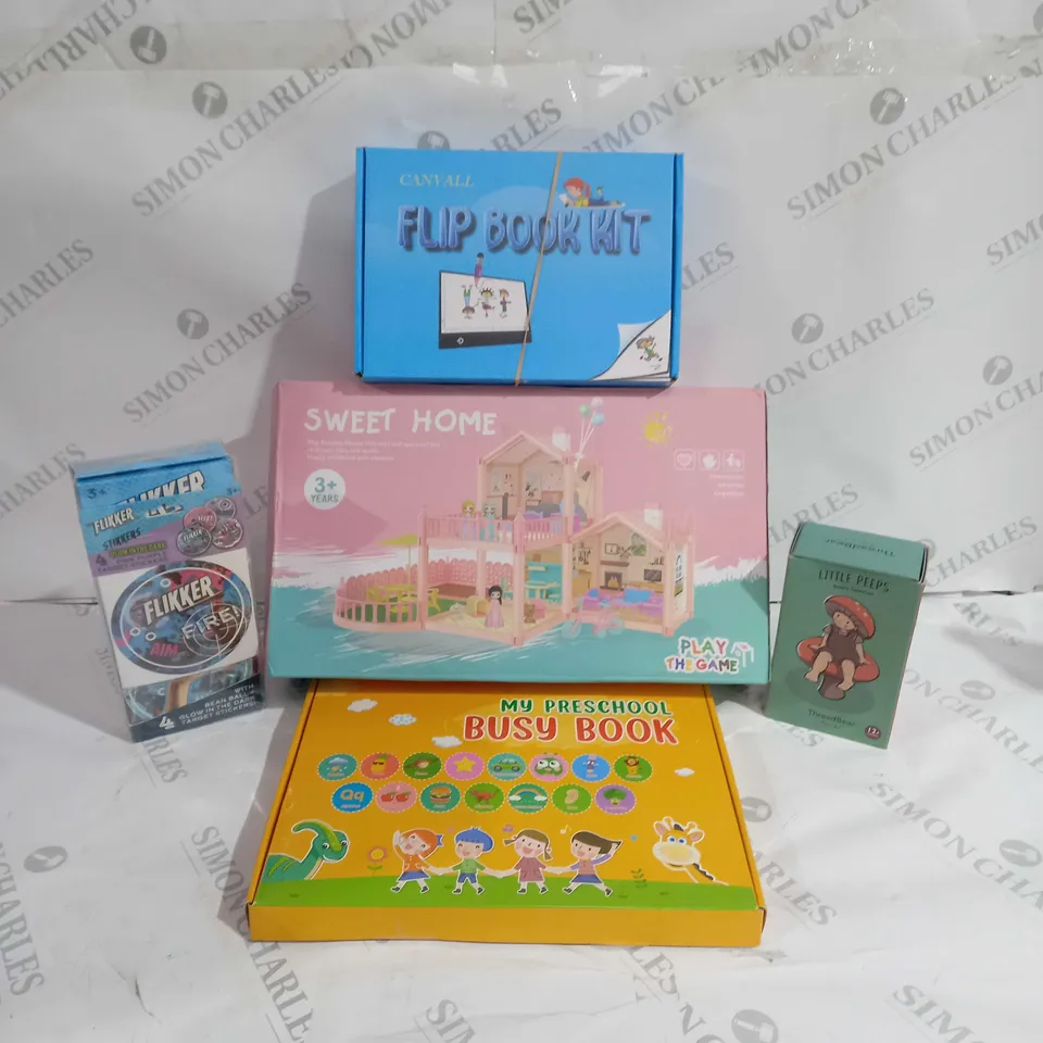 BOX OF APPROX 20 ASSORTED TOYS TO INCLUDE - CANVALL FLIP BOOK KIT - PLAY THE GAME SWEET HOME - MY PRESCHOOL BUSY BOOK ECT