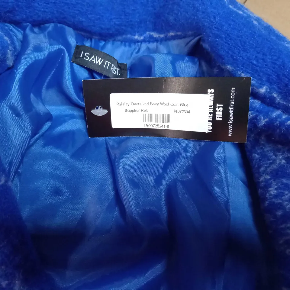 ISAWITFIRT BLUE PAISLEY OVERSIZED BOXY WOOL COAT - SIZE 8 