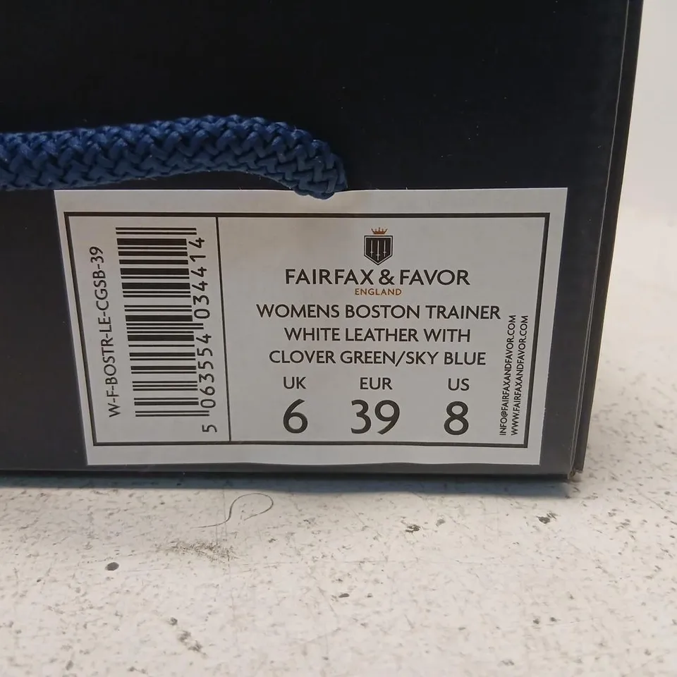 FAIRFAX & FAVOR WOMEN'S BOSTON TRAINER – WHITE LEATHER WITH CLOVER GREEN/SKY BLUE, UK 6