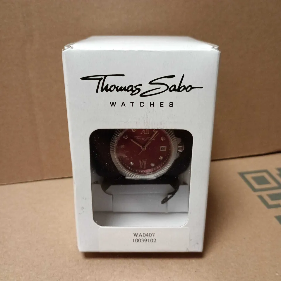 BOXED THOMAS SABO SILVER WATCH, BURGUNDY DIAL, WHITE STONES.