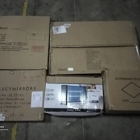 PALLET OF ASSORTED ITEMS INCLUDING FURDUZZ LED MIRROR, SELECTMIRRORS RHONE, ULTRASONIC CLEANER, INSECT KILLER, WALL MIRROR, BASKETBALL STAND
