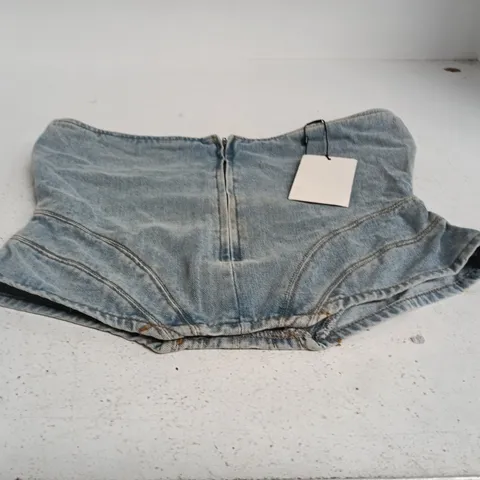 PRETTYLITTLETHING DENIM CORSET – PETITE VINTAGE WASH, ZIP DETAIL, CURVED HEM, UK SIZE 12