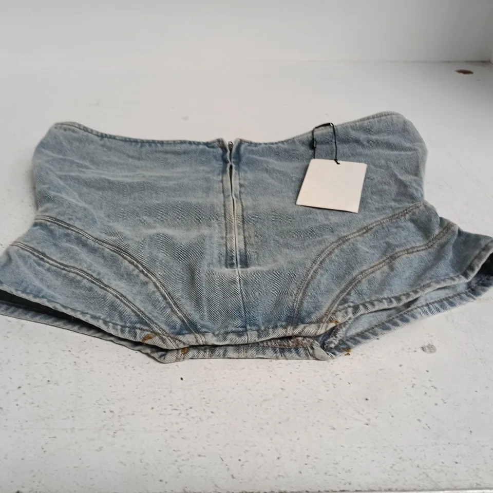 PRETTYLITTLETHING DENIM CORSET – PETITE VINTAGE WASH, ZIP DETAIL, CURVED HEM, UK SIZE 12