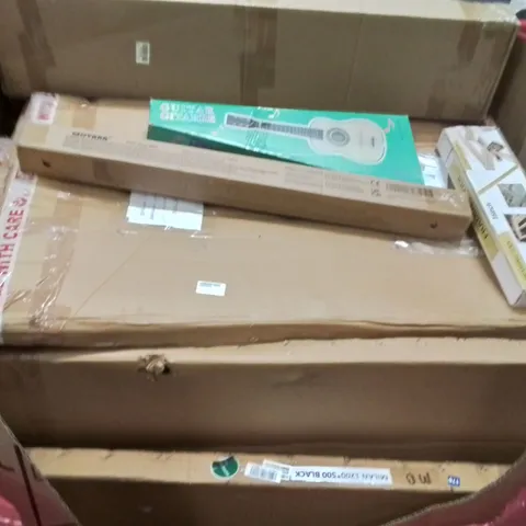 PALLET CONTAINING VARIOUS ASSORTED BOXED HOUSEHOLD ITEMS TO INCLUDE: KIDS GUITAR, FRAMING TOOL, PVC CHAIR MAT, MIRRORS AND LOTS MORE UNMARKED BOXED ITEMS