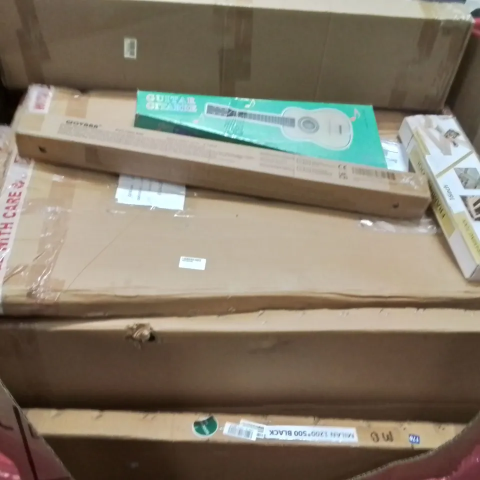 PALLET CONTAINING VARIOUS ASSORTED BOXED HOUSEHOLD ITEMS TO INCLUDE: KIDS GUITAR, FRAMING TOOL, PVC CHAIR MAT, MIRRORS AND LOTS MORE UNMARKED BOXED ITEMS 