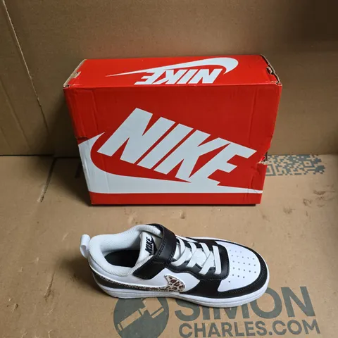 NIKE TODDLER SNEAKERS – WHITE/BLACK WITH LEOPARD PRINT SWOOSH - BOXED - UK SIZE CHILDRENS 10 