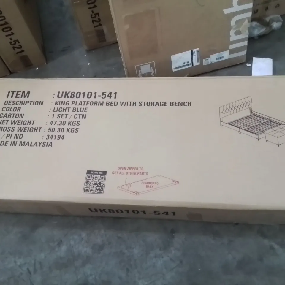 BRAND NEW KING PLATFORM BED WITH STORAGE BENCH  -LIGHT BLUE-