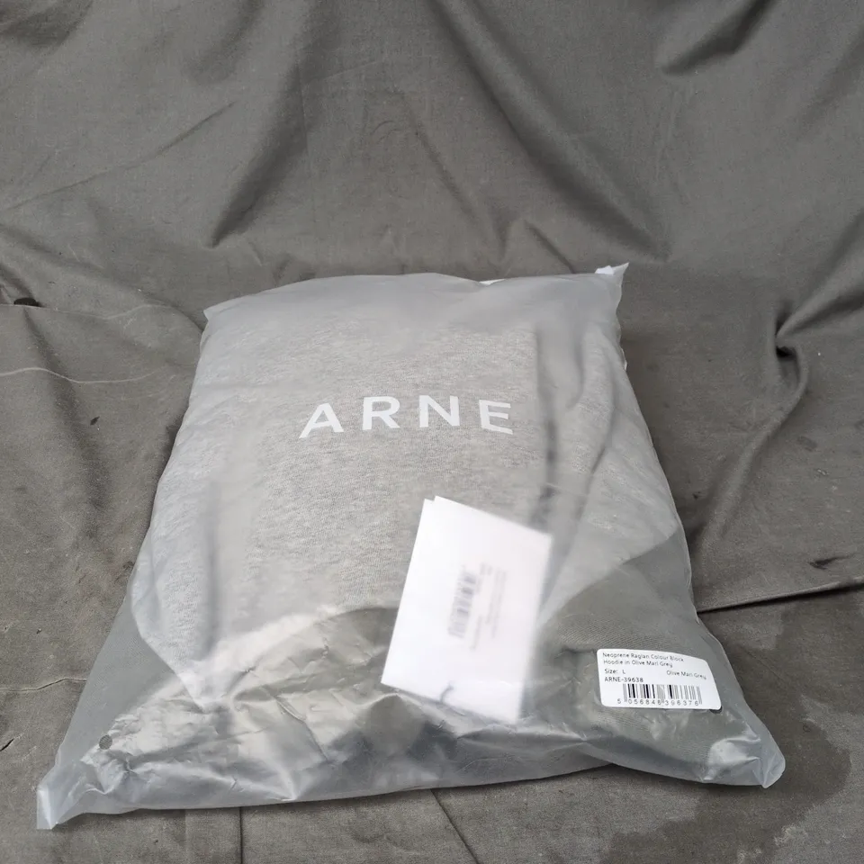 ARNE NEOPRENE RAGLAN COLOUR BLOCK HOODIE LARGE OLIVE/MARL/GREY