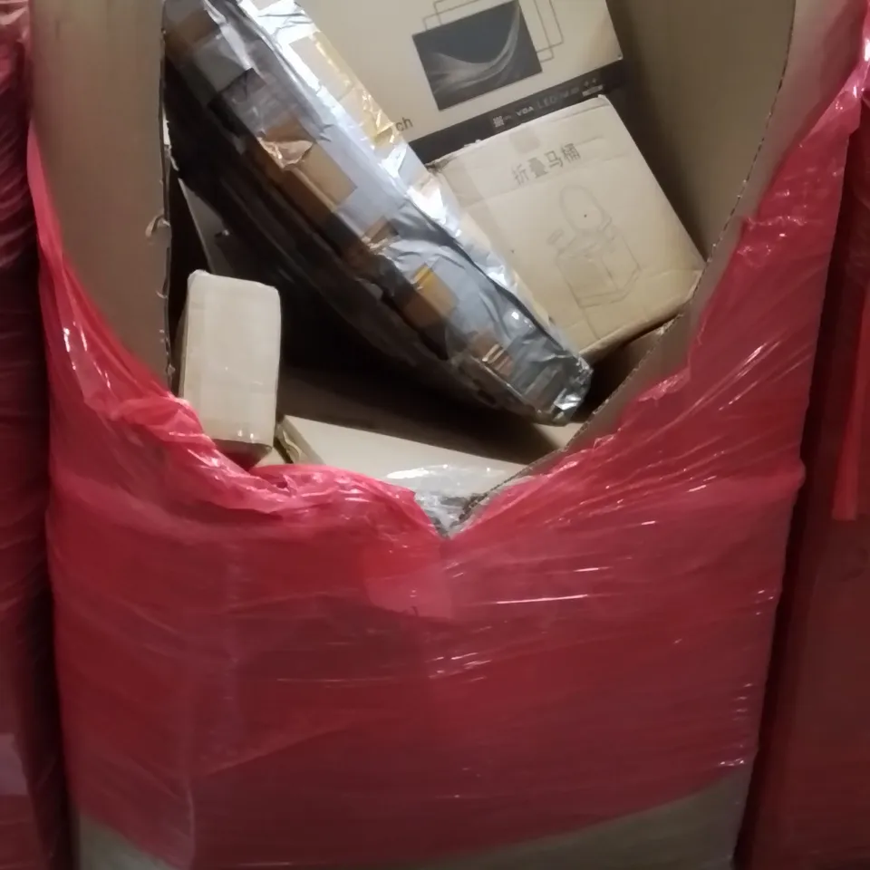 PALLET CONTAINING VARIOUS ASSORTED BOXED HOUSEHOLD ITEMS TO INCLUDE: PC MONITOR, PORTABLE TOILET, SHPPOING TROLLEY AND LOTS MORE UNMARKED BOXED ITEMS 