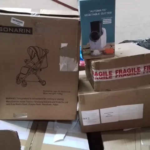 PALLET CONTAINING VARIOUS ASSORTED BOXED HOUSEHOLD ITEMS TO INCLUDE: PUSHCHAIR, AUTOMATICVEG CUTTER, SEWING MACHINE, COMPUTER DESK, AND LOTS MORE UNMARKED BOXED ITEMS 