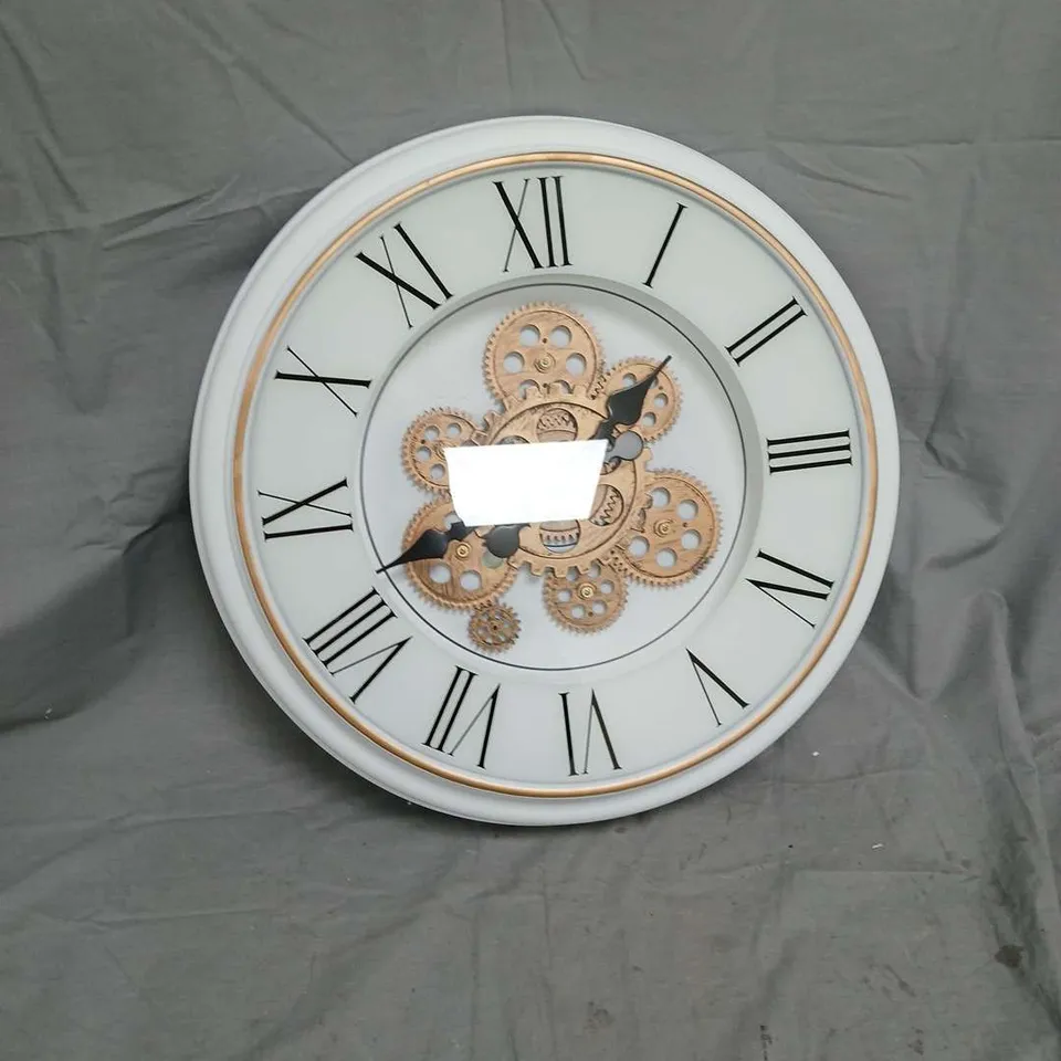 WALL CLOCK WITH EXPOSED GEARS, WHITE FRAME AND ROMAN NUMERALS