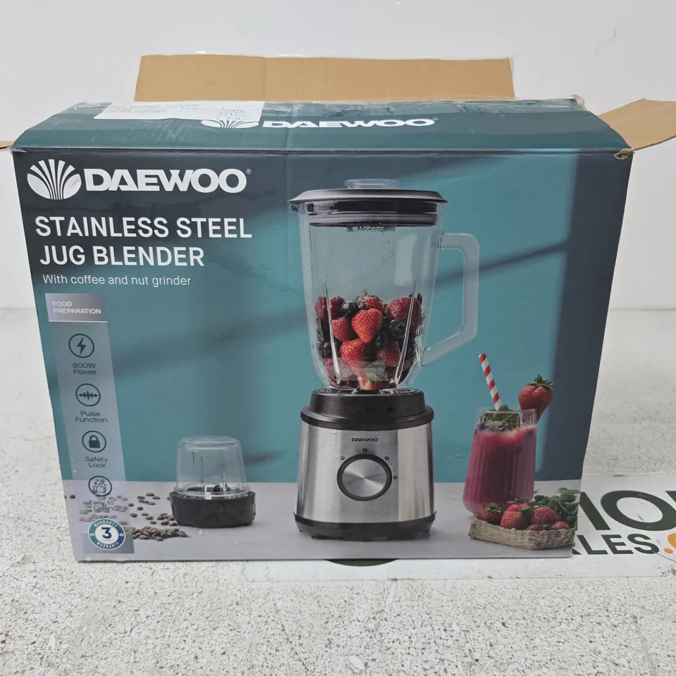 DAEWOO STAINLESS STEEL JUG BLENDER WITH COFFEE & NUT GRINDER – BOXED