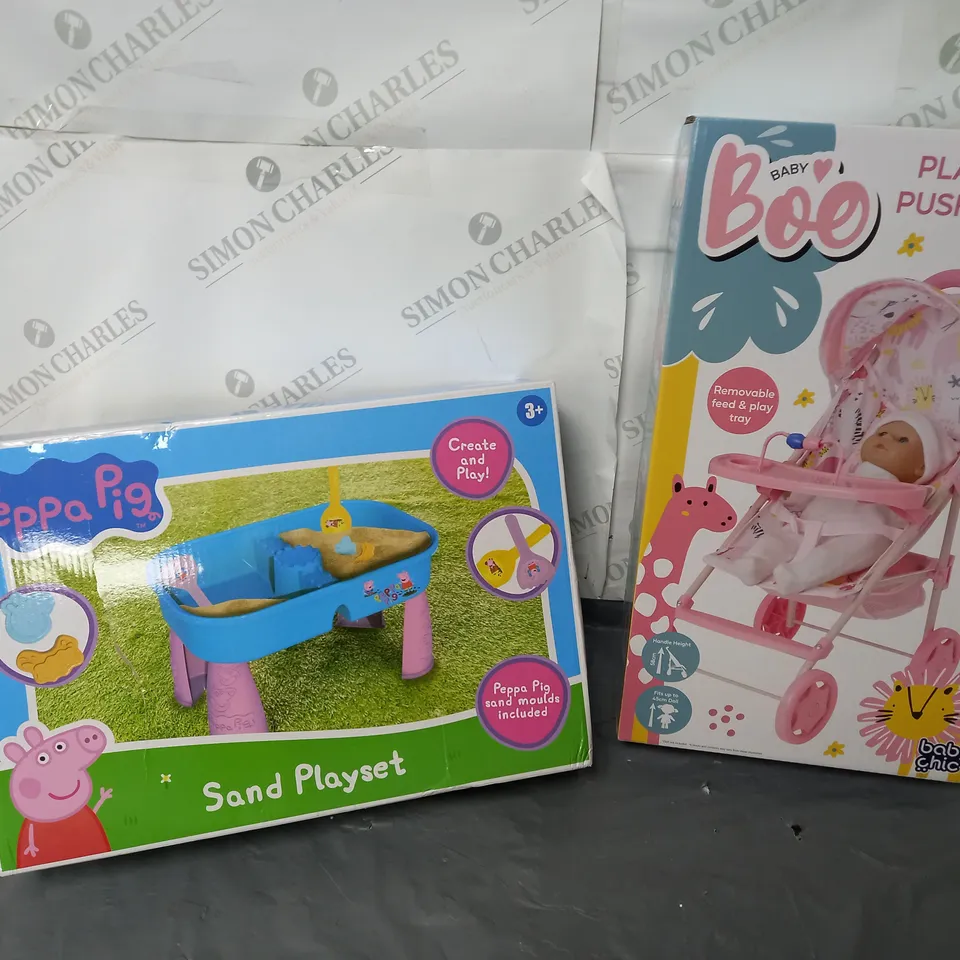 KIDS TOY BUNDLE TO INCLUDE A PEPPA PIG SAND PLAY SET AND A BABY BOO PLAYTIME PUSHCHAIR