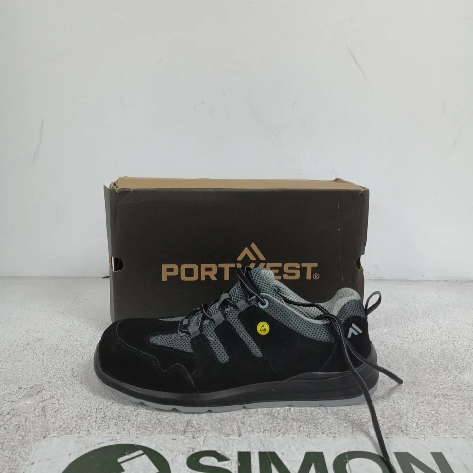 PORTWEST COMPOSITE COW SUEDE LEATHER TRAINER S1 ESD SR FO – BLACK/GREY, UK 9 (EU 43)