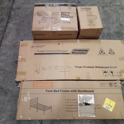 PALLET OF ASSORTED PRODUCTS INCLUDING TWIN BED FRAME WITH HEADBOARD, WHITEBOARD STAND, OFFICE STOOL, MULTIFUNCTIONAL FOOD PROCESSOR