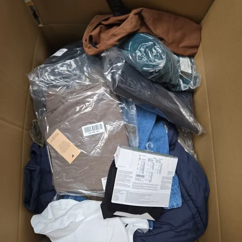 LARGE BOX OF ASSORTED CLOTHING ITEMS IN VARIOUS SIZES, STYLES AND COLOUR 