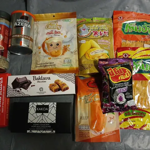 LOT OF 12 ASSORTED FOOD AND DRINK ITEM TO INCLUDE BAKLAVA CHOCOLATE, NESCAFE COFFEE AND BISTO GRANUALS