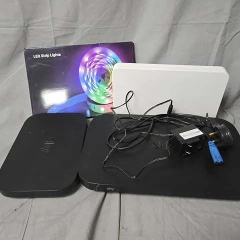 APPROXIMATELY 5 ASSORTED HOUSEHOLD ITEMS TO INCLUDE LED STRIP LIGHTS, ROUTERS, CABLES, ETC