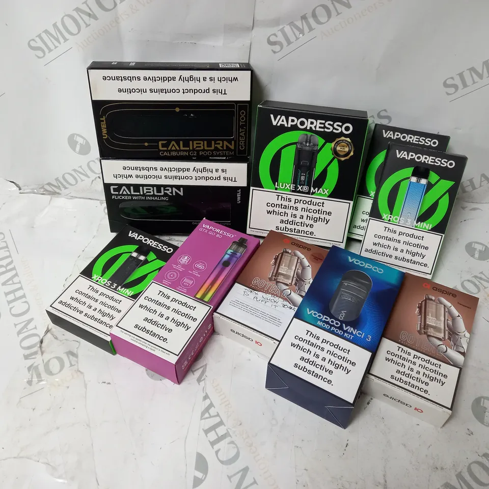 APPROXIMATELY 10 ASSORTED E-CIG PRODUCTS TO INCLUDE ASPIRE, UWELL CALIBURN, VAPORESSO ETC. 