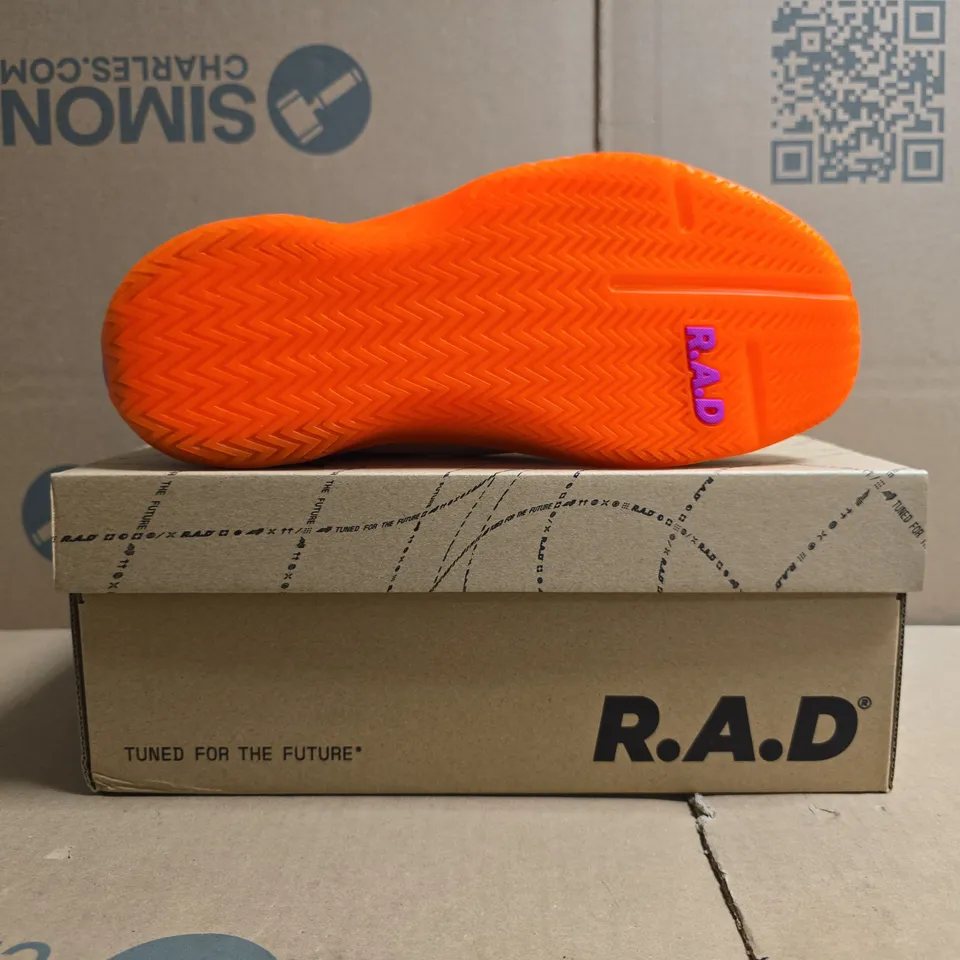 BOXED PAIR OF R.A.D ONE V2 TRAINERS IN CADMIUM ORANGE/VIVID FUCHSIA SIZE UK 6