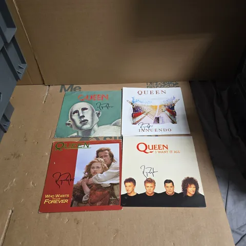 4 X QUEEN SINGLE RECORD SLEEVES SIGNED BY ROGER TAYLOR - SLEEVES ONLY