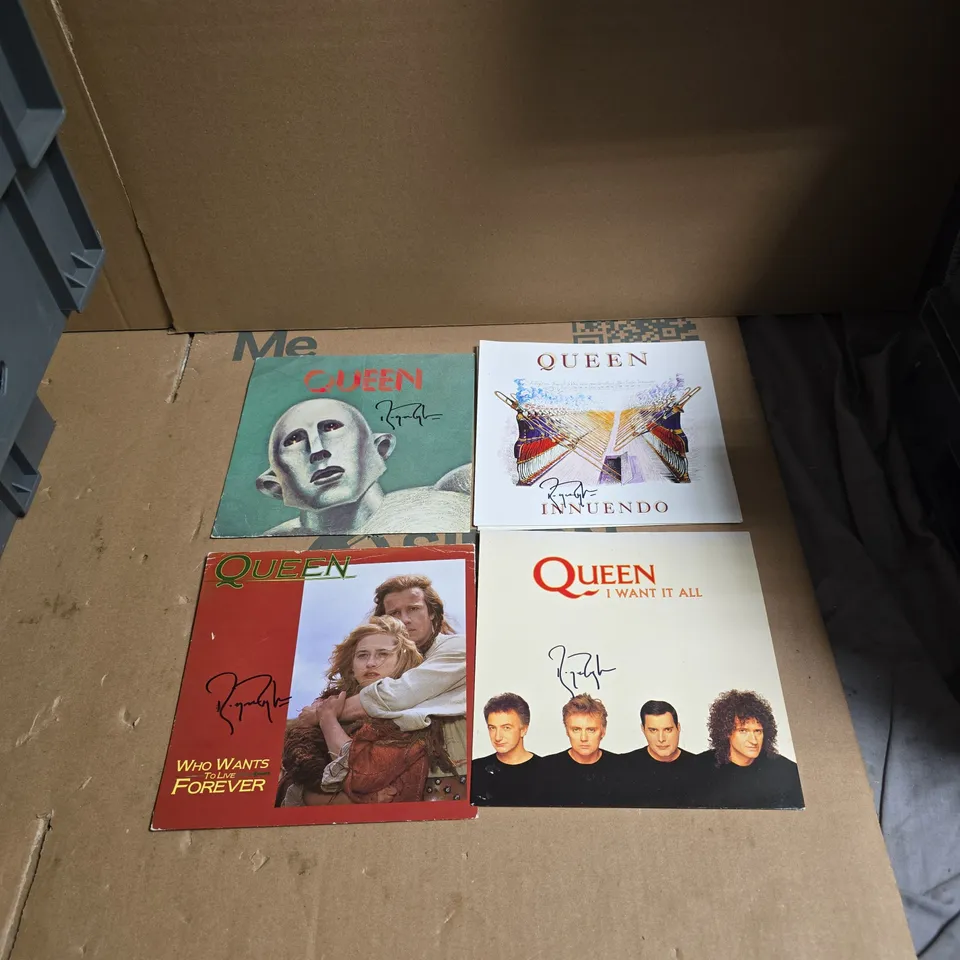4 X QUEEN SINGLE RECORD SLEEVES SIGNED BY ROGER TAYLOR - SLEEVES ONLY