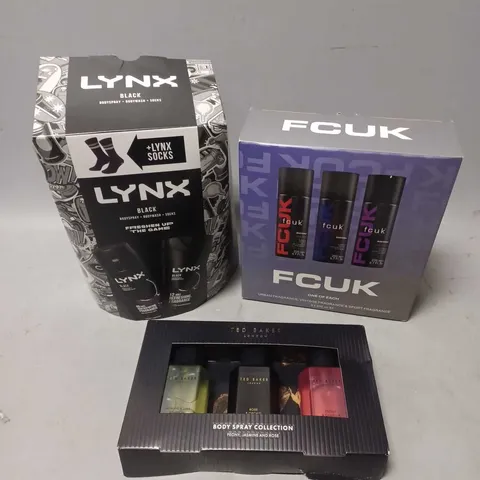 LOT OF 3 ASSORTED COSMETIC BOXSETS TO INCLUDE - LYNX BLACK BODY SET - TED BAKER BODY SPRAY COLLECTION - FCUK ONE OF EACH FRAGRANCE