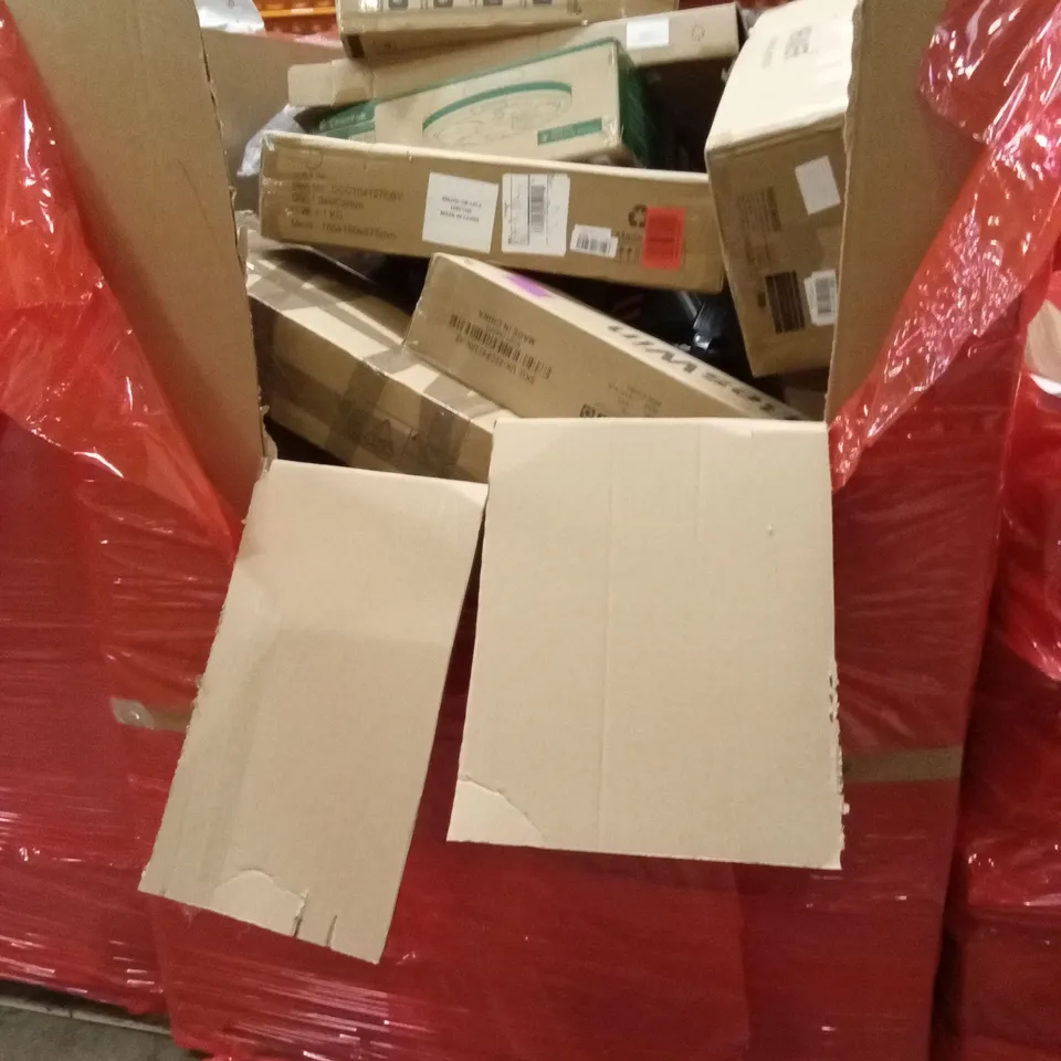 PALLET OF ASSORTED HOUSEHOLD GOODS AND PRODUCTS TO INCLUDE; LIGHTING, BOXED FURNITURE ETC