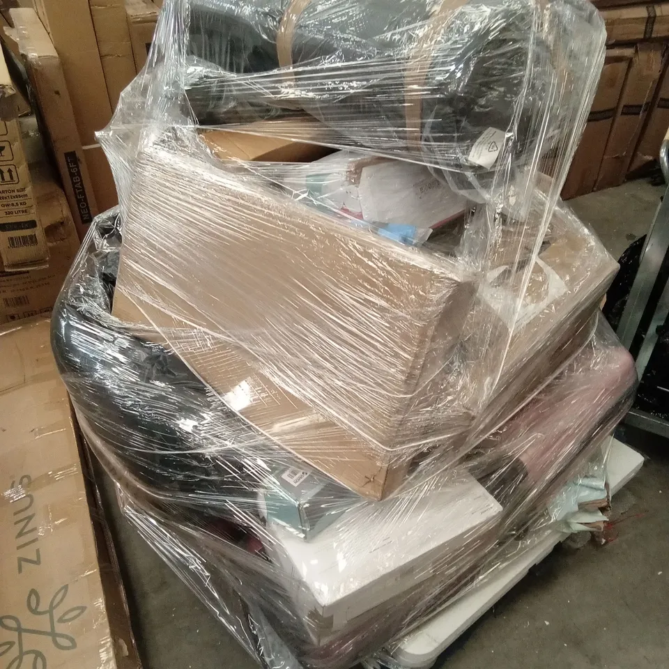 PALLET OF ASSORTED HOUSEHOLD GOODS AND PRODUCTS TO INCLUDE; SUITCASES, FOLDING PICNIC TABLE, BABY PRODUCT ETC