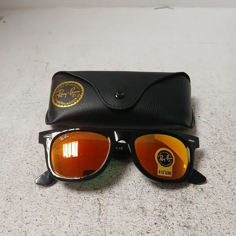 RAY-BAN SUNGLASSES – BLACK FRAME WITH ORANGE MIRROR LENSES