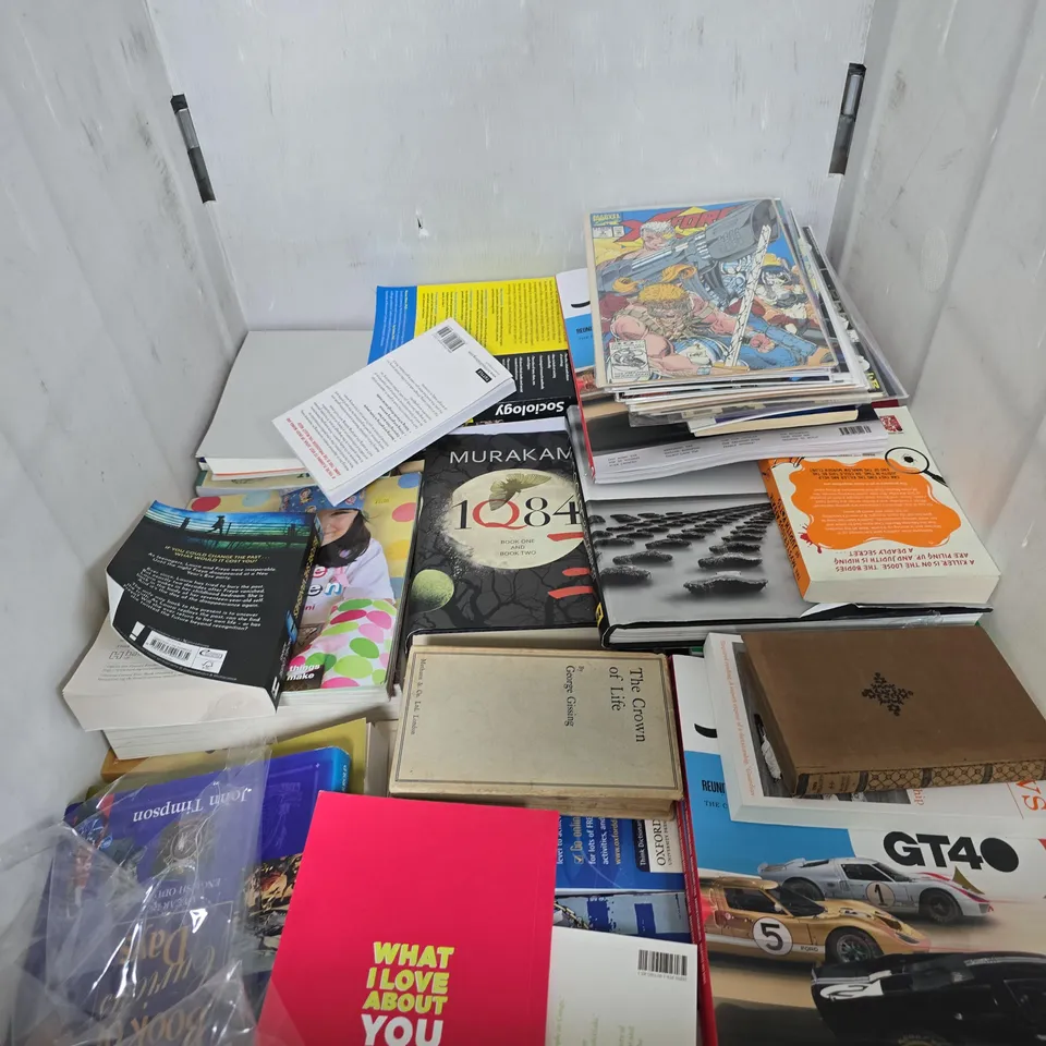 CAGE OF LARGE QUANTITY OF ASSORTED BOOKS INCLUDING CAPTAIN UNDERPANTS , LAND LAW , STALINS DAUGHTER AND CLOUR THEORY FOR ARTISTS