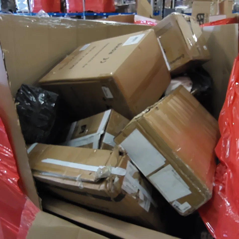 PALLET TO CONTAIN ASSORTED HOUSEHOLD PRODUCTS. INCLUDES HEATERS, OIL FILLED RADIATOR, AIR FRYER, SHOWER SET, BOXED FURNITURE ETC 